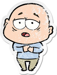 distressed sticker of a cartoon tired bald man
