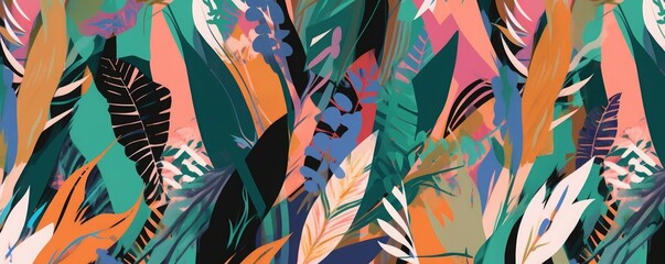 Abstract trendy exotic floral jungle pattern. Collage contemporary seamless pattern. Hand drawn cartoon style pattern, Generative AI