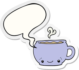 cartoon hot cup of coffee with speech bubble sticker