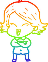 rainbow gradient line drawing of a happy cartoon girl