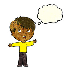 cartoon boy with growth on head with thought bubble