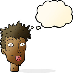 cartoon man sticking out tongue with thought bubble