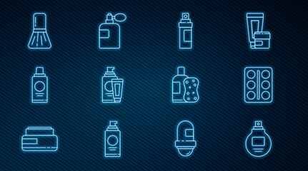 Set line Perfume, Eye shadow palette, Cream or lotion cosmetic tube, Bottle of shampoo, Makeup brush, and sponge and icon. Vector