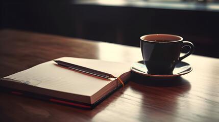 pen under a notebook on the office table, next to it a cup of coffee - Generative AI