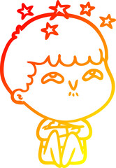 warm gradient line drawing of a cartoon amazed boy