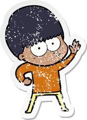 distressed sticker of a nervous cartoon boy