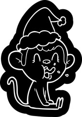 crazy quirky cartoon icon of a monkey sitting wearing santa hat