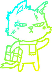 cold gradient line drawing of a tough cartoon cat with christmas present