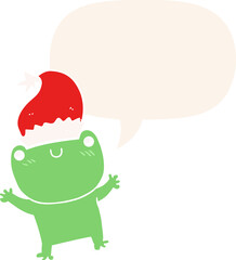 cute cartoon frog wearing christmas hat with speech bubble in retro style