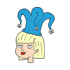 freehand drawn cartoon female face with jester hat
