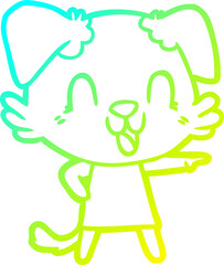 cold gradient line drawing of a laughing cartoon dog in dress