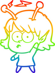 rainbow gradient line drawing of a cartoon alien girl