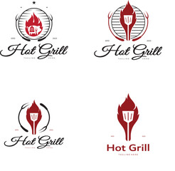 Simple Barbecue Vintage hot grill, with crossed flames and spatula. Logo for restaurant, badge, cafe and bar.vector