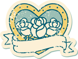 iconic distressed sticker tattoo style image of a heart and banner with flowers