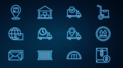 Set line Envelope with dollar symbol, This side up, Delivery truck check mark, Logistics delivery and clock, Worldwide shipping box, Location cardboard, tracking and Warehouse icon. Vector