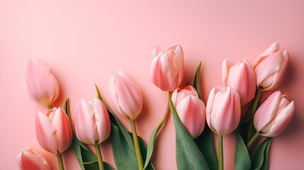 A pink tulips bouquet on pastel pink background with copyspace