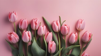 Fototapeta premium A pink tulips bouquet on pastel pink background with copyspace