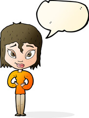 cartoon satisfied woman with speech bubble