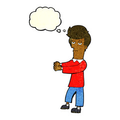 cartoon bored man showing the way with thought bubble