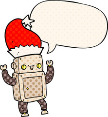 cartoon christmas robot with speech bubble in comic book style