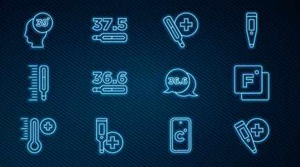 Set line Digital thermometer, Fahrenheit, Medical, High human body temperature, and icon. Vector