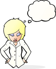 cartoon woman with hands on hips with thought bubble