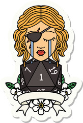 sticker of a crying human rogue with natural one roll
