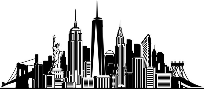 New York skyline vector design silhouette, ideal for vinyl cutting. Features detailed lines and rounded corners for optimal vinyl ready. Includes all major NYC landmarks in one stunning graphic. 