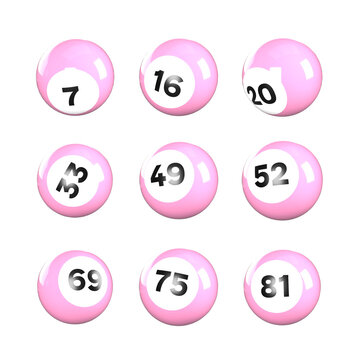 Collection of 9 light pink bingo balls. 3D rendered bingo balls with numbers. Transparent background PNG.