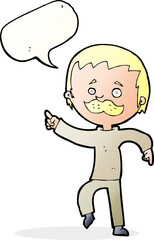cartoon man with mustache pointing with speech bubble