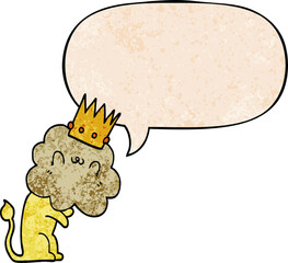 cartoon lion with crown with speech bubble in retro texture style