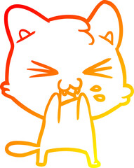 warm gradient line drawing of a cartoon cat hissing