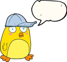 freehand drawn speech bubble cartoon bird in cap