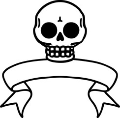 traditional black linework tattoo with banner of a skull