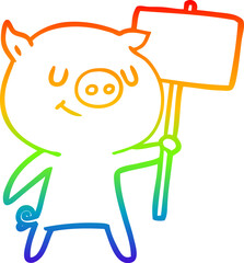 rainbow gradient line drawing of a happy cartoon pig with placard