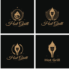 Simple Barbecue Vintage hot grill, with crossed flames and spatula. Logo for restaurant, badge, cafe and bar.vector