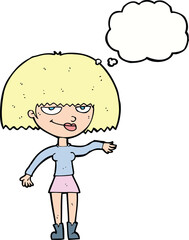 cartoon smug woman making dismissive gesture with thought bubble