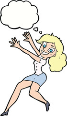 cartoon happy woman jumping with thought bubble