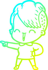 cold gradient line drawing of a cartoon happy hipster girl