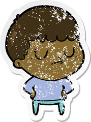 distressed sticker of a cartoon grumpy boy