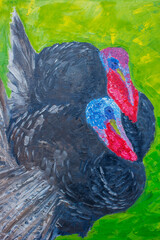 oil painting with two turkeys, birds illustration on green background