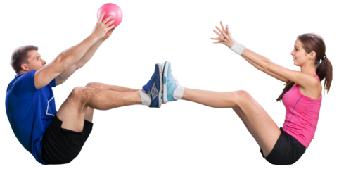 Happy caucasian couple man woman personal trainer exercising