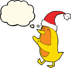 cartoon bird wearing xmas hat with thought bubble