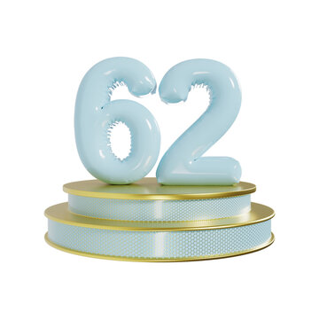 Number 62 Cyan Glossy Number with podium 3d illustration