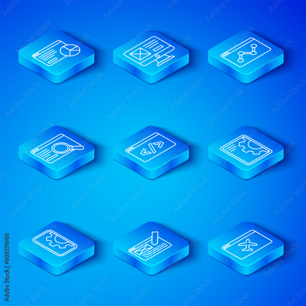 Poster set line web development, front end, ui or ux design, website statistic, and template icon. vector