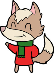 friendly cartoon wolf in winter clothes