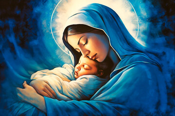  Holy Mary holding baby Jesus Christ in her arms. Graphic representation. AI generativ.