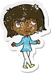 retro distressed sticker of a cartoon girl with no worries