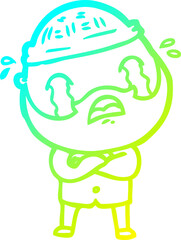 cold gradient line drawing of a cartoon bearded man crying