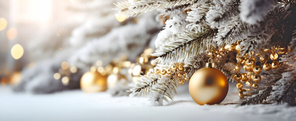 Christmas tree branches decorated with golden and white balls on a light background, banner, Christmas card. Generative AI